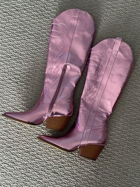 Pink Lily Metallic Pink Knee-High Western Boots